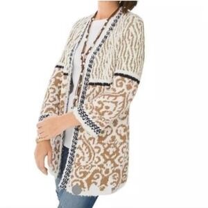 Chico's Open Front Cardigan‎ Sweater Chunky Knit Textured Tan White Black